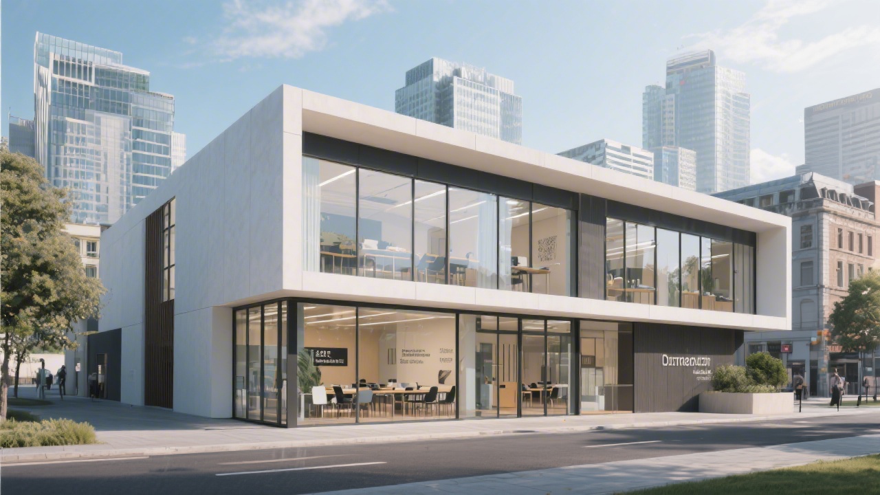 Exterior view of a modern Dublin learning space with clean architectural lines, large windows, and a calm business district backdrop, representing a professional design academy.