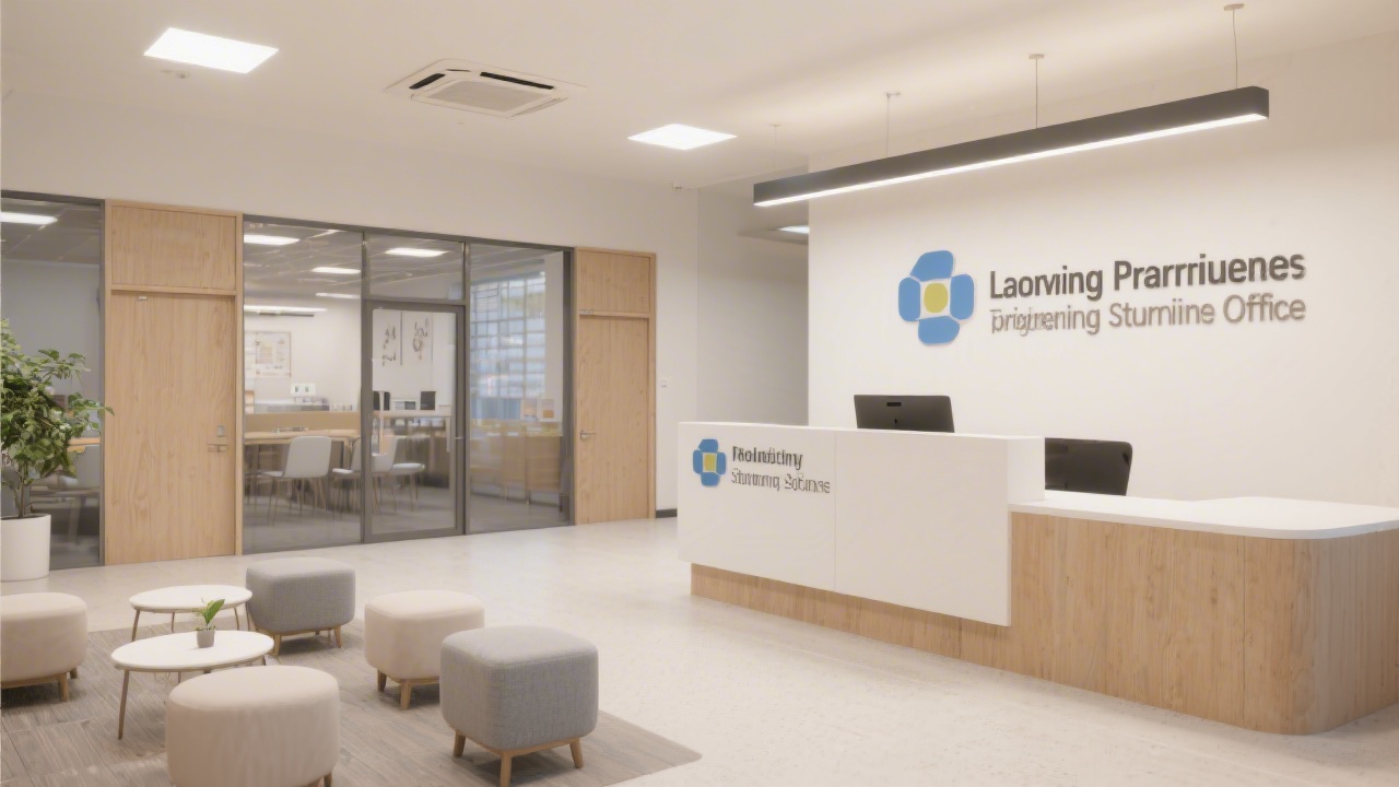 Reception area of a modern learning office with minimal seating, clean signage, and soft lighting, representing a welcoming environment for prospective students.