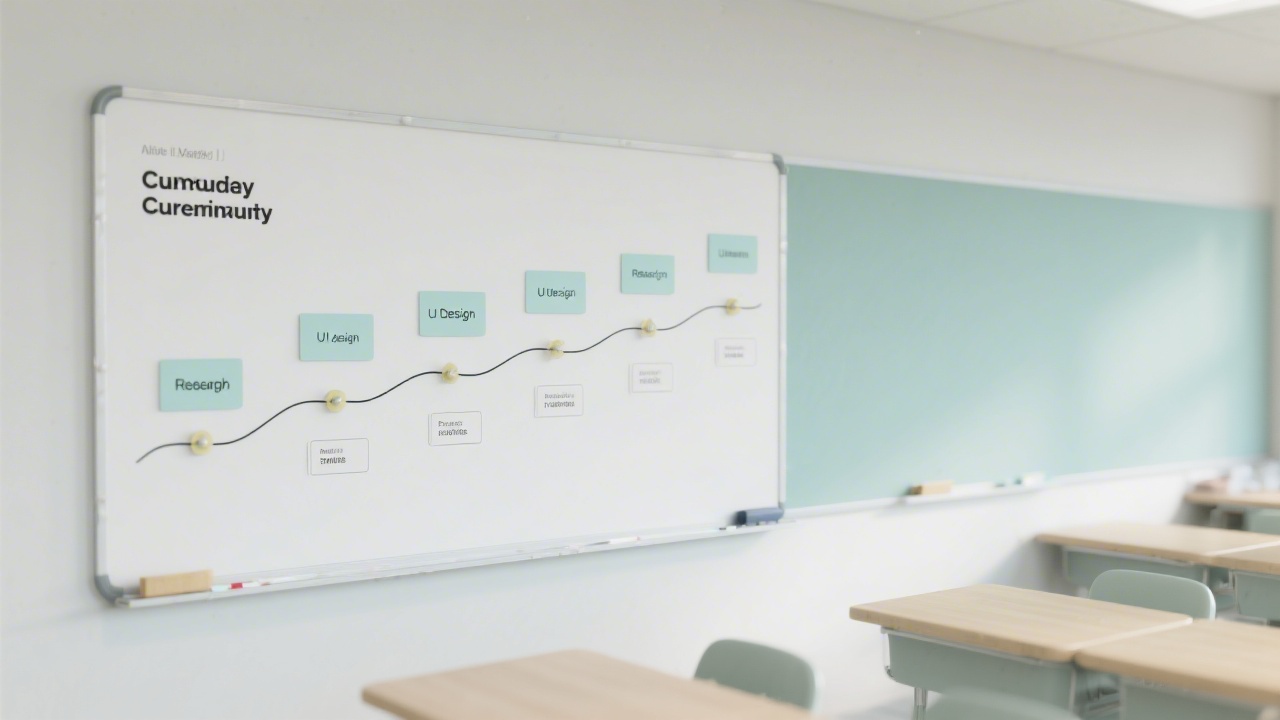 Minimalist curriculum board with timeline cards pinned in sequence, showing research, UI design, and prototyping milestones in a clean classroom setting with soft mint accents.