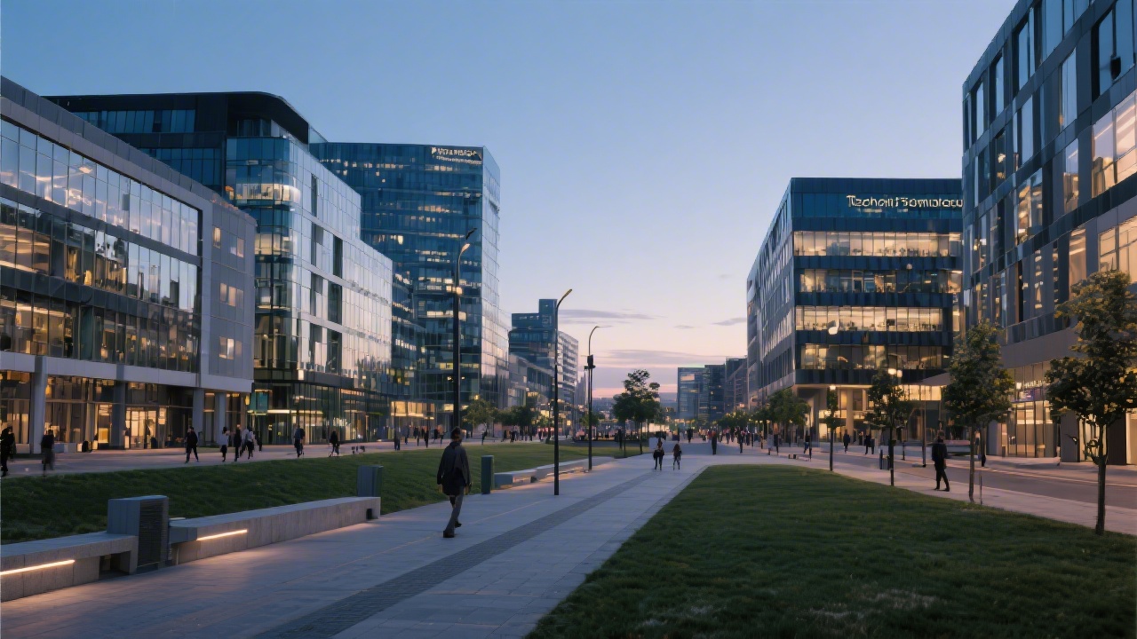 Dublin cityscape near a technology district with modern office buildings, pedestrian walkways, and a calm evening light, highlighting the connection to Ireland’s tech scene.