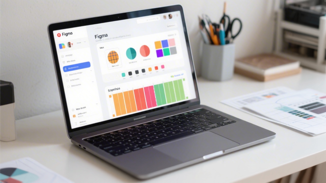 Close-up of a laptop displaying Figma interface with design components, color styles, and layout grids, placed on a clean desk with design tools nearby.