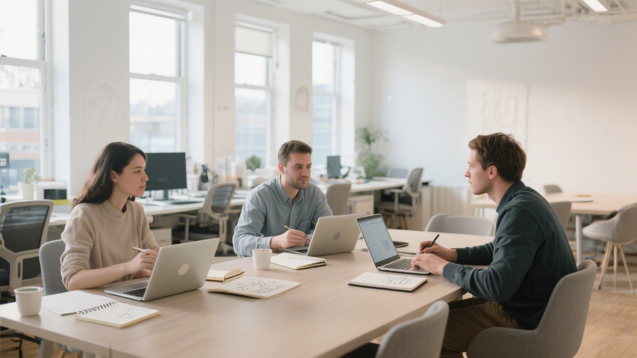 Bright Dublin tech workspace with large windows, designers collaborating around laptops and sketchbooks, modern furniture, neutral tones, and a calm editorial atmosphere suitable for UI/UX learning.
