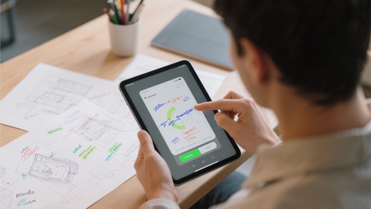 Designer reviewing a clickable prototype on a tablet with annotations and wireframes on paper nearby, demonstrating rapid prototyping methods and iterative design.