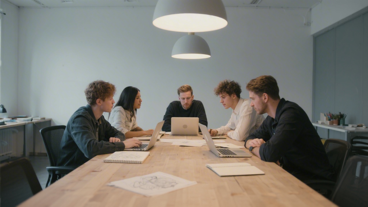 Small group of designers collaborating at a large table with laptops and sketchbooks, soft lighting and minimal decor, representing a focused studio learning environment.