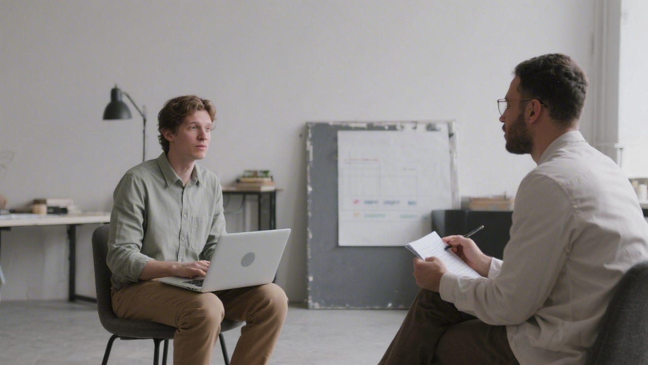 Designer conducting a user interview in a quiet studio, using a laptop and notes, with a calm background and clear focus on research methodology and ethical practices.