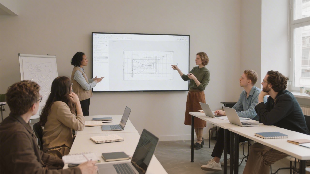 Design workshop scene with participants reviewing wireframes on a large screen, notebooks and laptops on tables, and neutral decor creating an organized professional environment.